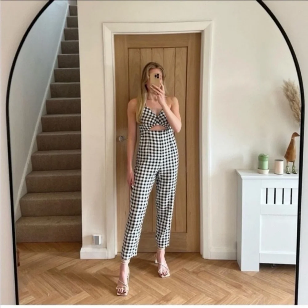 Zara Black White Gingham Cut Out Jumpsuit Small
